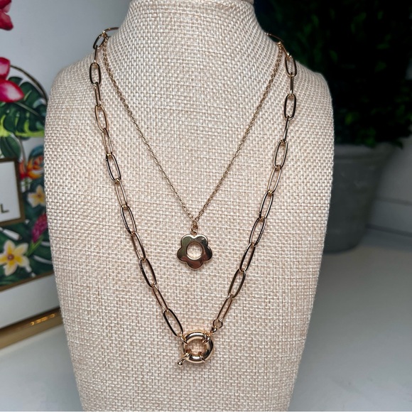 Jewelry - Layered Gold Necklace Flower Charm Whimsical Minimal Modern Boho Soft Fairycore